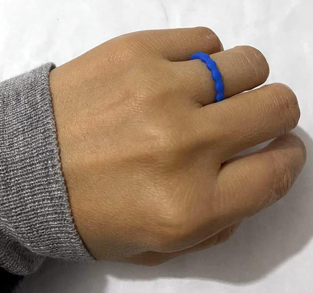 AZYOUNG Womens 3mm Wide Wave Silicone Wedding Ring 10pcs sets Green Blue White Stackable Rubber Bands - US Size 4-10