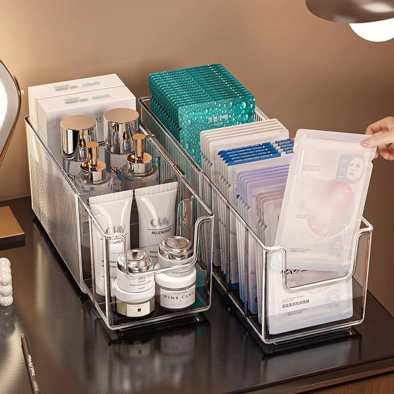 Miniatura 3 de Paquete de 2 organizadores de maquillaje acrílico extensibles con separadores extraíbles, almacenamiento de baño impermeable para máscaras de