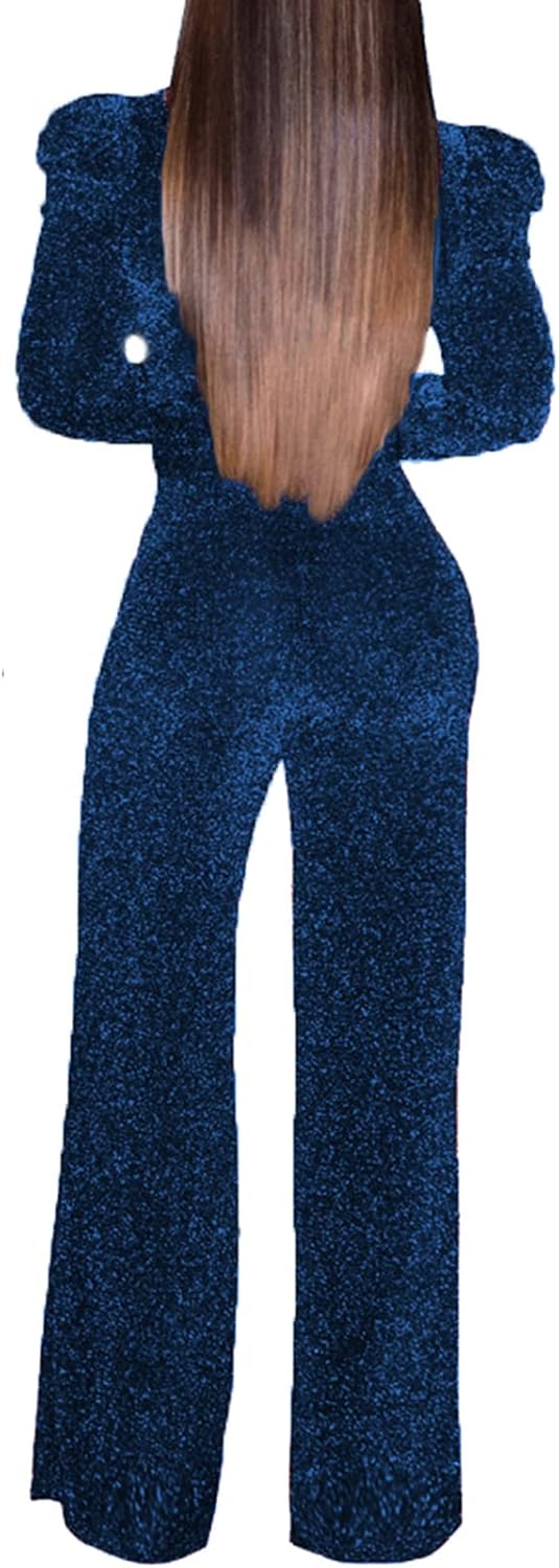 SeNight Women Sparkly Jumpsuits Sexy Long Sleeve Elegant Mock Neck Shiny Straight Long Pants Rompers Club Night Outfits - Image 2