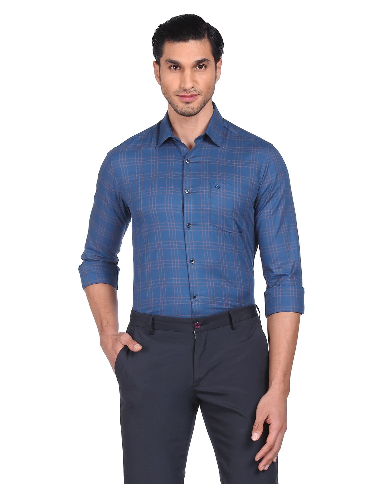 ArrowMen Men Blue Plaid Check Pure Cotton Formal Shirt Pocket