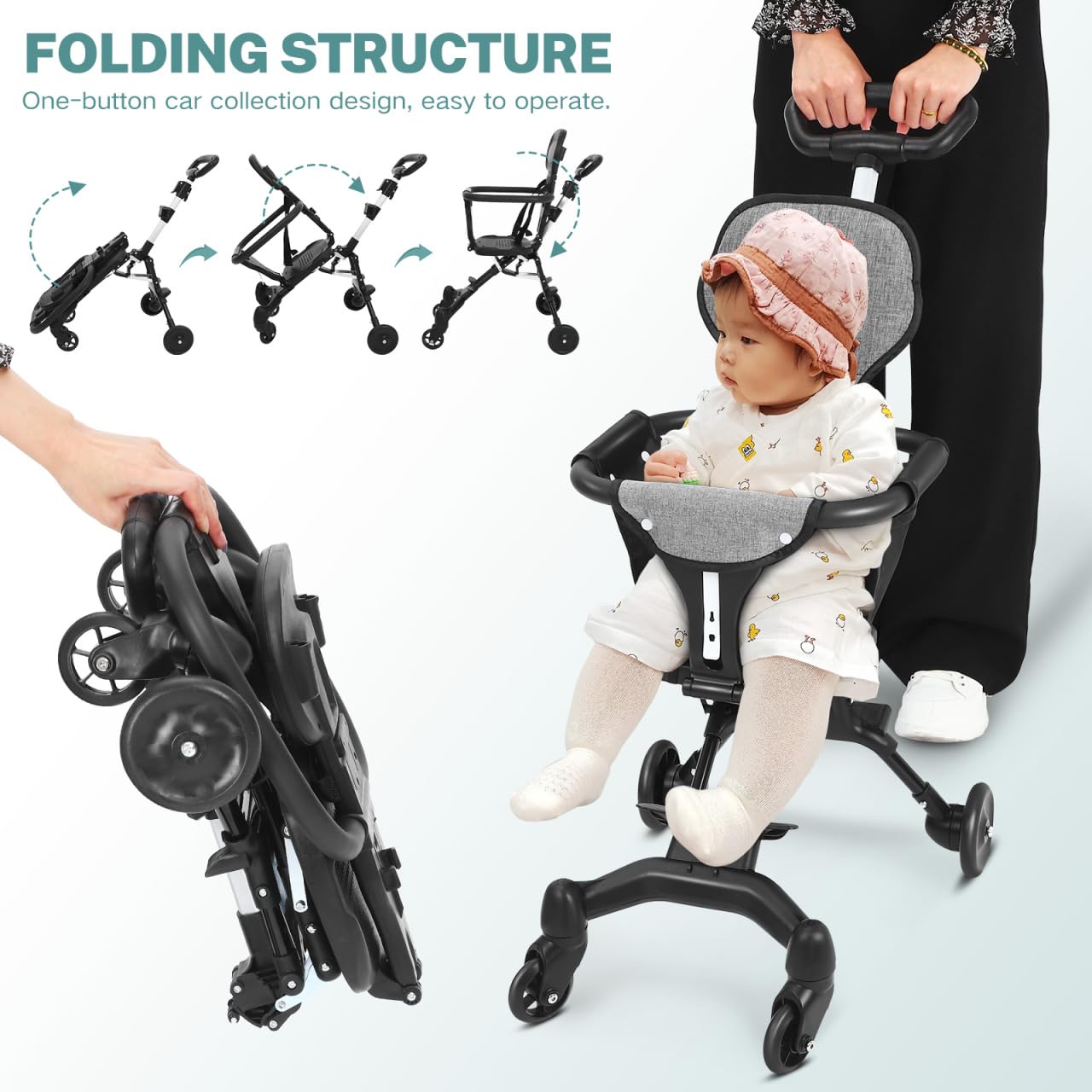 Toyvian Poussette portable ultra légère avec siège paysager haut, poussette de voyage à pliage rapide pour voyages en avion, poignée réglable, sécurité complète pour garçon et fille