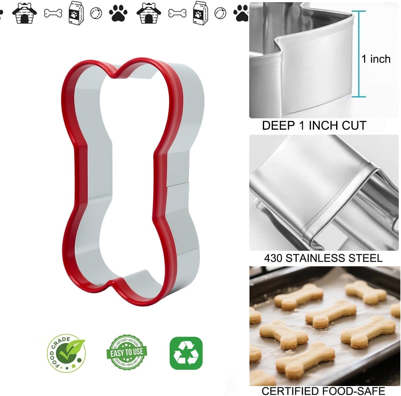 Dog Bone Shapes Cookie Cutters 3 Pieces, Dog Treats Cutters 2.52" 3.35'' 3.82", Stainless Steel Biscuit Mold with Soft PVC Cover Coated - Image 2