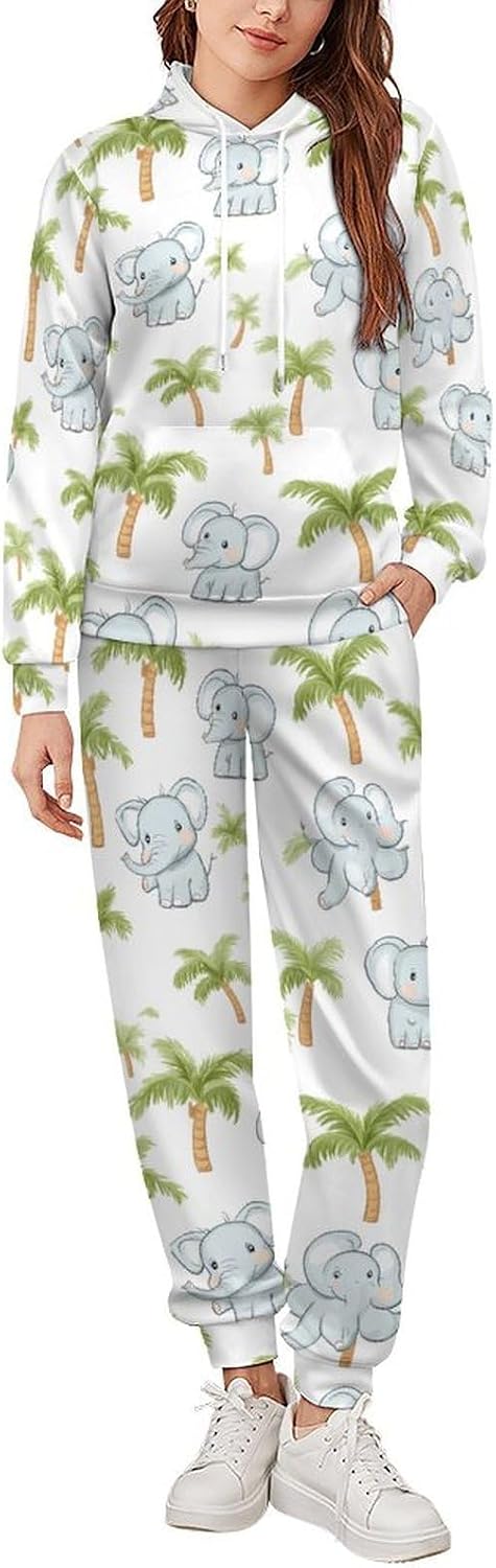 Cute Elephant And Palm Tree Men's Hooded Set Casual 2 Pieces Suits Pullover Tracksuit Hoodies And Sweatpants