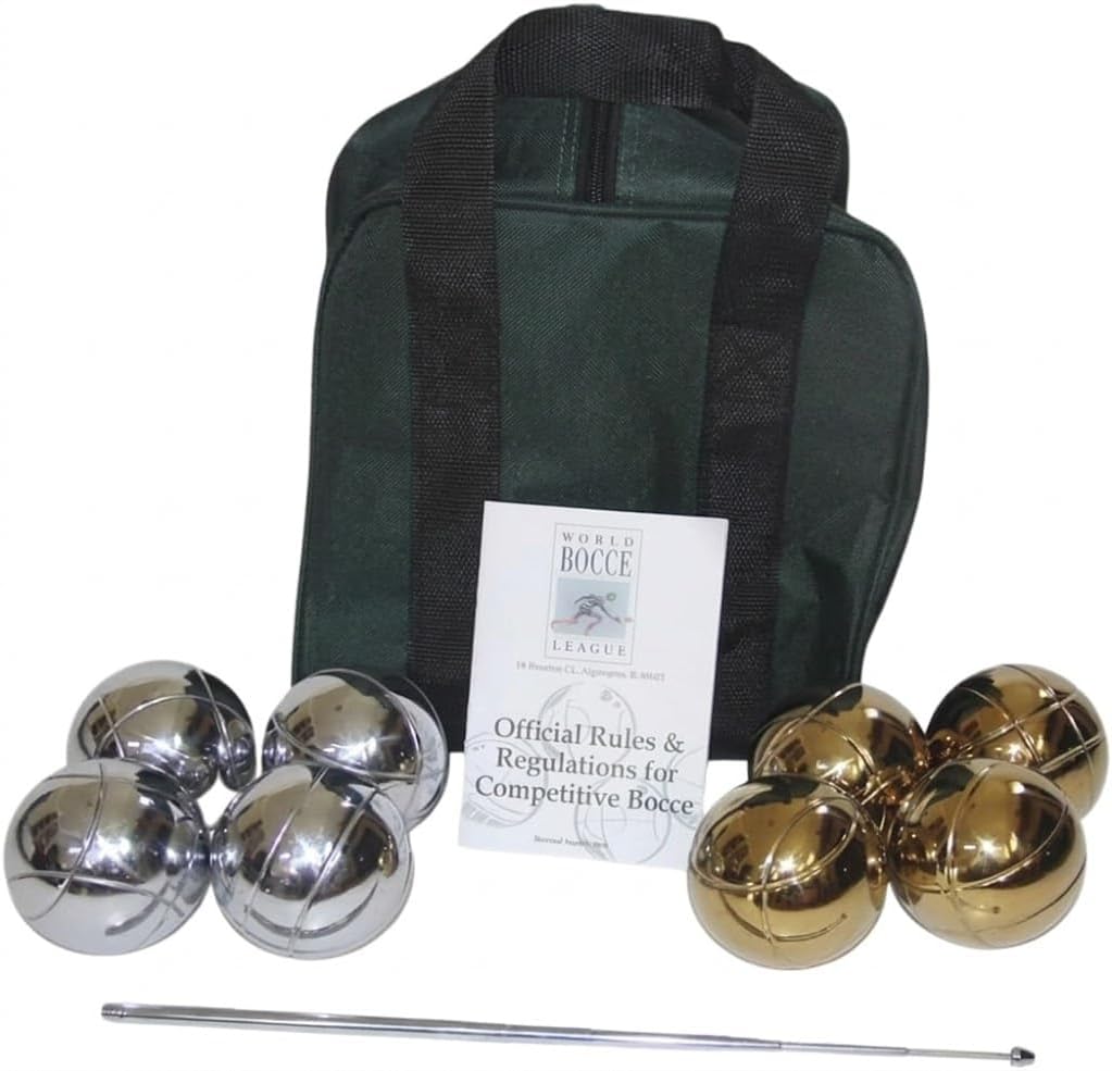 BuyBocceBalls Listing - Unique 73mm Petanque/Bocce Pack - with Mix of 8 Gold/Silver Balls, Green Nylon case, Rule Book and extendable Measuring Device
