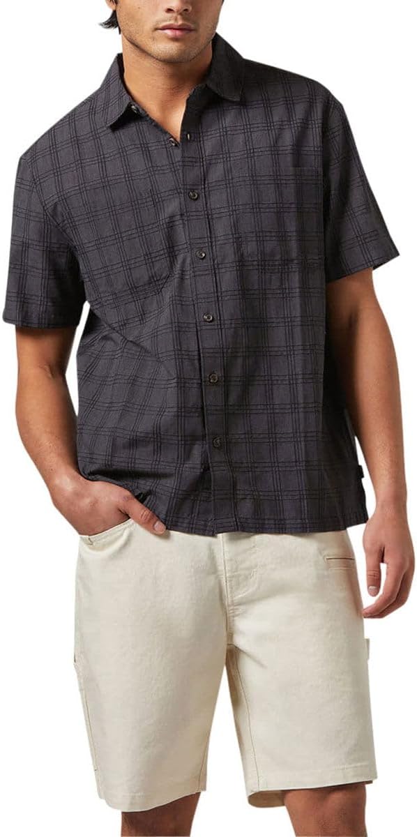Men's CRU Oxford Plaid Relaxed S/S Shirt in Charcoal/Black Plaid