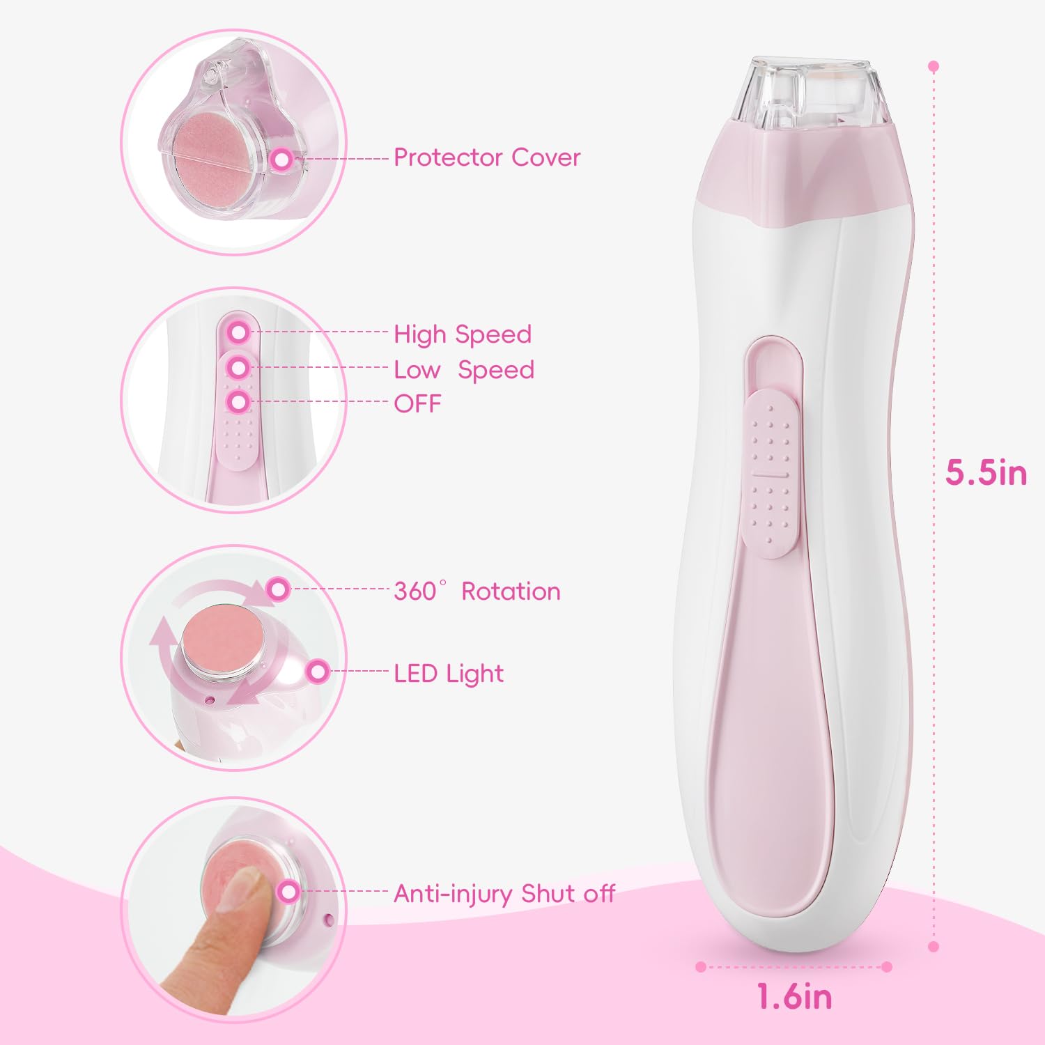 Prolixity Baby Nail Trimmer Electric, 15 in 1 Baby Nail Clippers for Gentle Nail Care, Rechargeable Baby Nail File Electric with Light &15 Grinding Pads for Infant Toddler, Pink