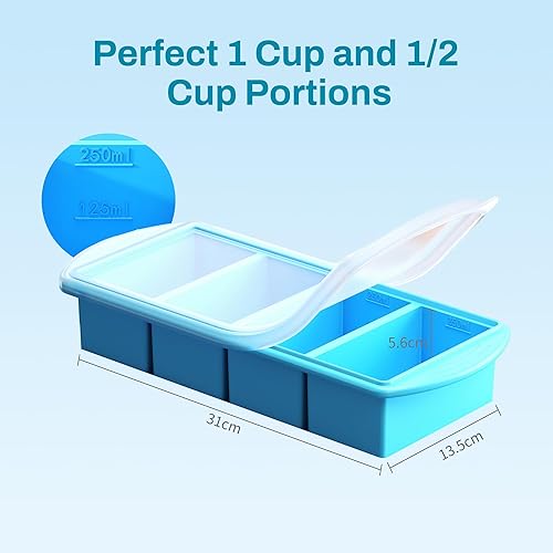 Miniatura 7 de QUELIEN Bandeja de silicona azul para congelador con tapa, molde de porción de 1 taza para sopa, comida de bebé, caldo y cazuelas, recipiente