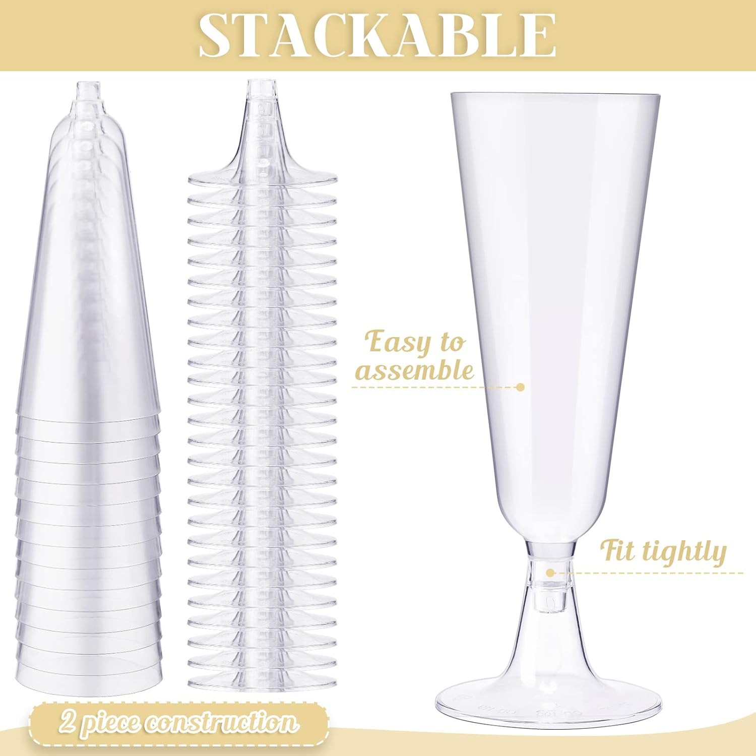Chengu 150 Pcs Champagne Flutes 5 Oz Plastic Disposable Champagne Flutes Crystal Wine Glasses Reusable Plastic Cocktail Cups for Wedding Celebration Birthday Party Toasting Drinking (Clear) - Image 2