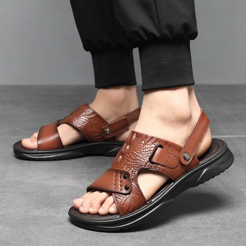 VOODUE Mens Hiking Sandals Genuine Leather Men's Sandals Soft Non Slip Slippers Wear Resistant Big Size Sandals (Color : Brown, Size : 41)4