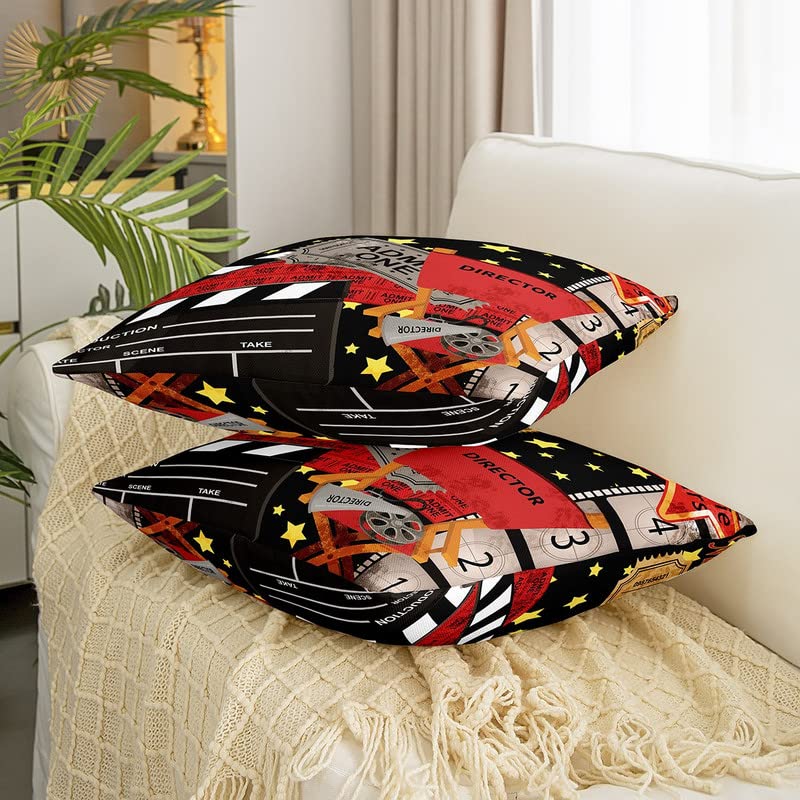 Movie Night Reversible Throw Pillow Covers Cinema Poster Star Print Square Cushion Covers Set of 2 for Kids Popcorn Pillow Covers Home Decor Old Fashion Home Decor Director Film 20 x 20-Inch