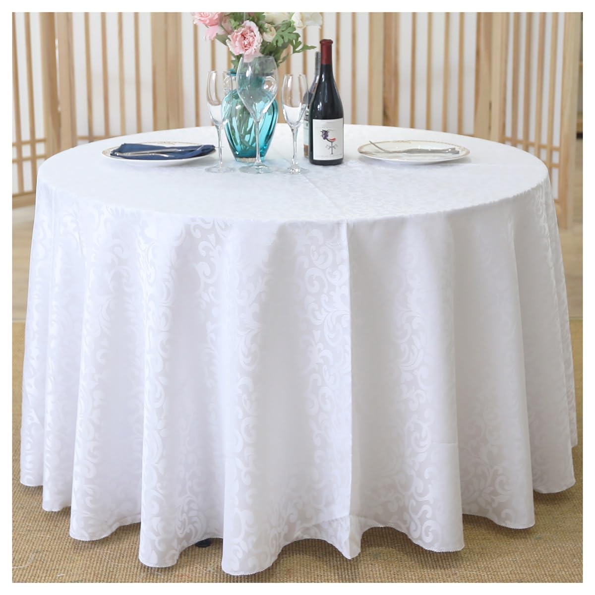 Nappe ronde polyester blanc 300 cm pour table de conférence hôtel repas de mariage