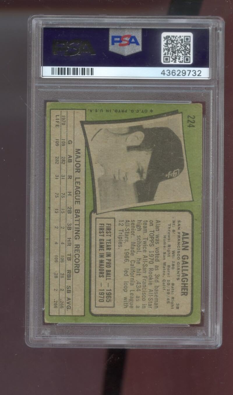 1971 Topps #224 Al Alan Gallagher AUTO SIGNED Autograph Autographed Card PSA PSA/DNA Baseball MLB COA San Francisco Giants LAMINATED