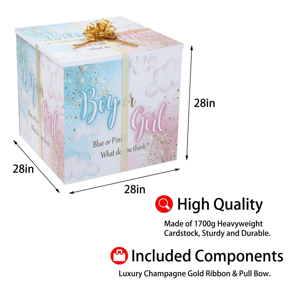BoxSkivra 71,1 cm Gender Reveal Box Caja Para Revelacion De Gener, Junge/Mädchen | Riesige Geschenkboxen für Babyparty, Party, Geschlechtsoffenbarung, Dekorationen enthalten große Schleifen und Band