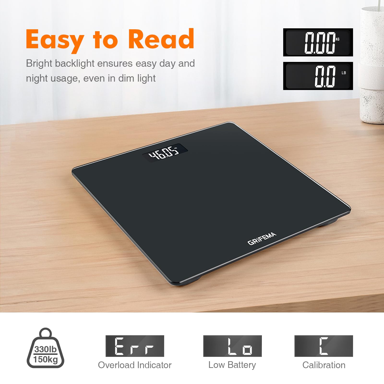 GRIFEMA GA2001-1, Bilancia pesapersone con schermo LCD, Pesata massima 150 KG, Precisione 50 g, Nero