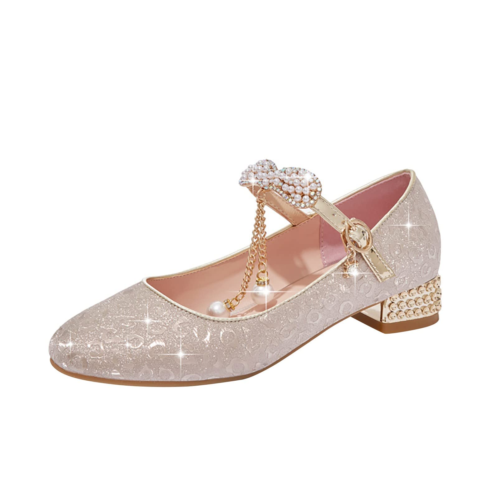 Genérico Zapatos de Baile para niñas con Lentejuelas Doradas y Plateadas, tacón bajo y Punta Cerrada, Ideales para Boda, Fiesta y actuación Escolar, Suela Flexible Antideslizante