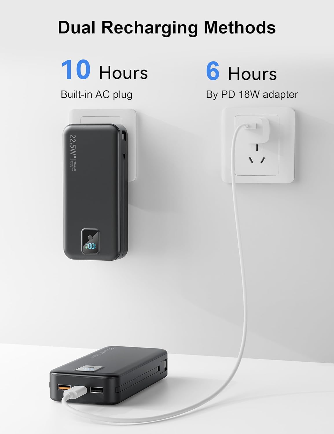 Portable Charger, 20000mAh 22.5W Fast Charging Power Bank with Built-in Cables & Wall Plug, Travel Essentials Battery Pack with LED Display, USB C External Battery Bank for iPhone iPad, Samsung Black