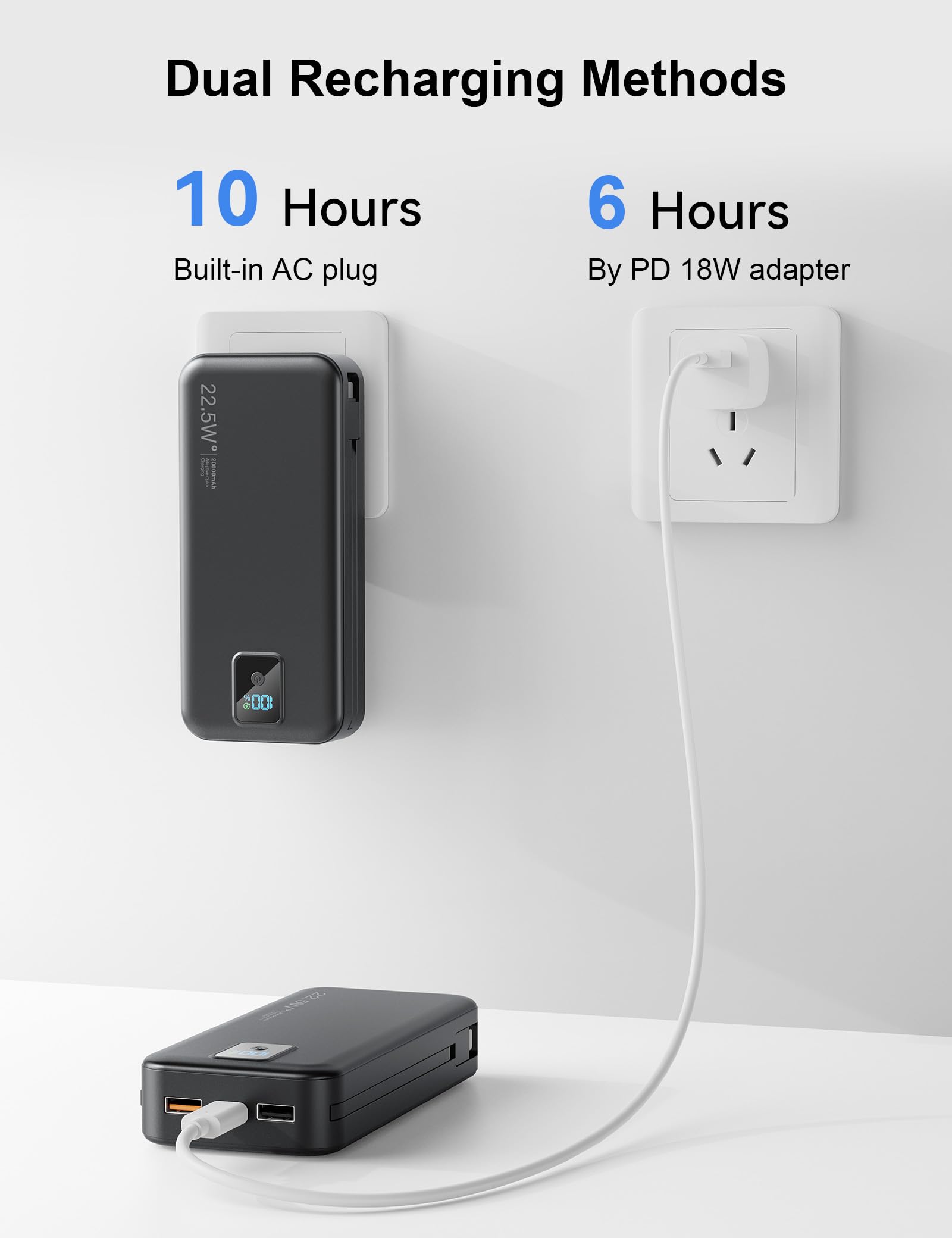 Banco de energía portátil, 20000 mAh, 22,5 W, cargador de teléfono de carga rápida con cables integrados y enchufe de pared, paquete de batería esencial de viaje con pantalla LED, banco de carga de