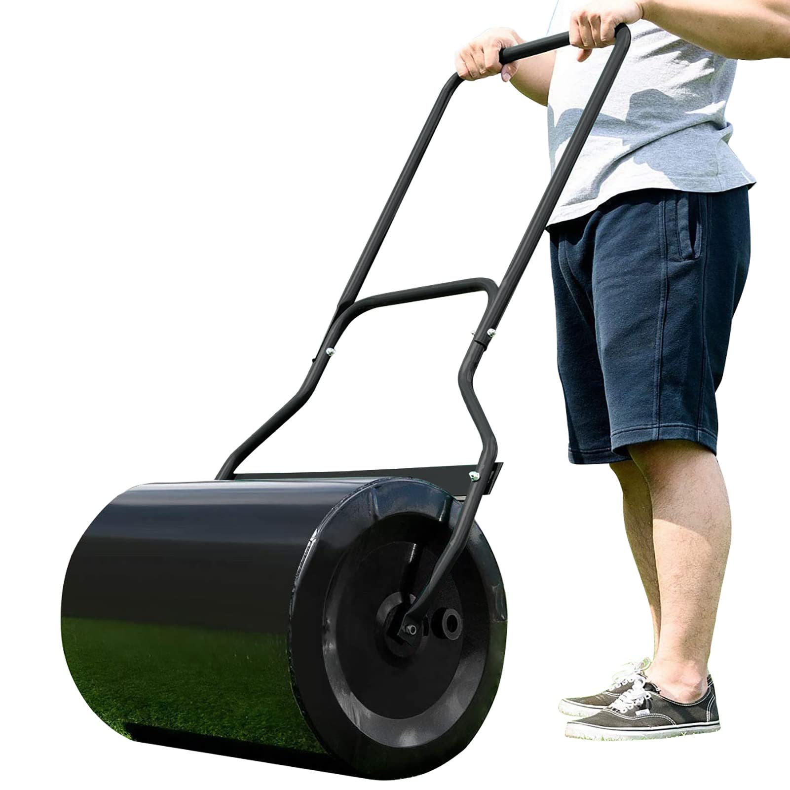 YesyzxLawn Roller Black Garden Turf Roller with Removable Drain Plug & Ergonomic U-Shape Handle, Metal Lawn Push Rolling Tool, Roller Drum Φ 40cm X W 50cm
