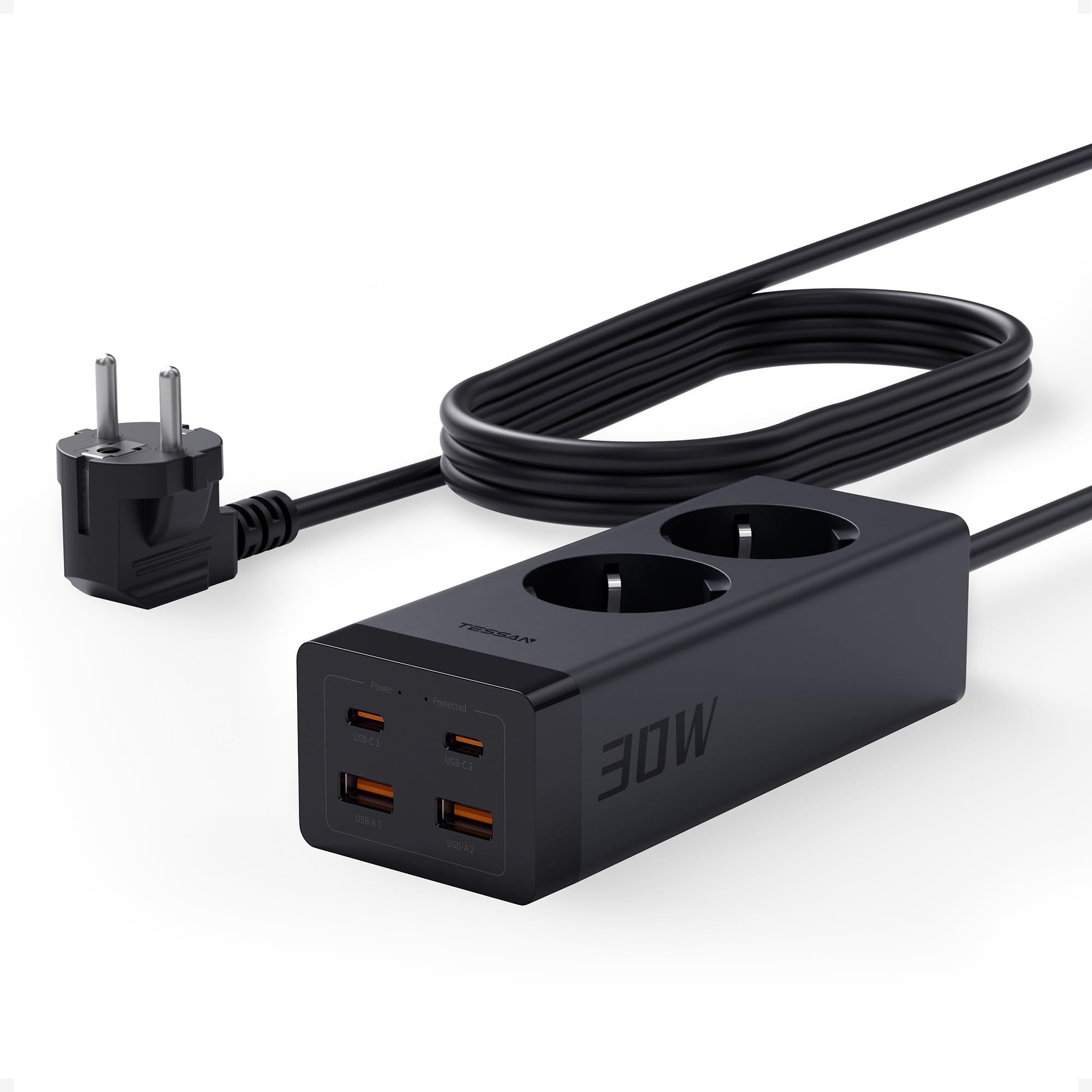 TESSAN Steckdosenleiste mit USB C PD 30W Schnellladen, GaN Mehrfachsteckdose mit 2 Schuko und 4 USB, Mehrfachstecker mit Verlängerungskabel 5M, Steckdosenleiste Überspannungsschutz für Büro 3600W