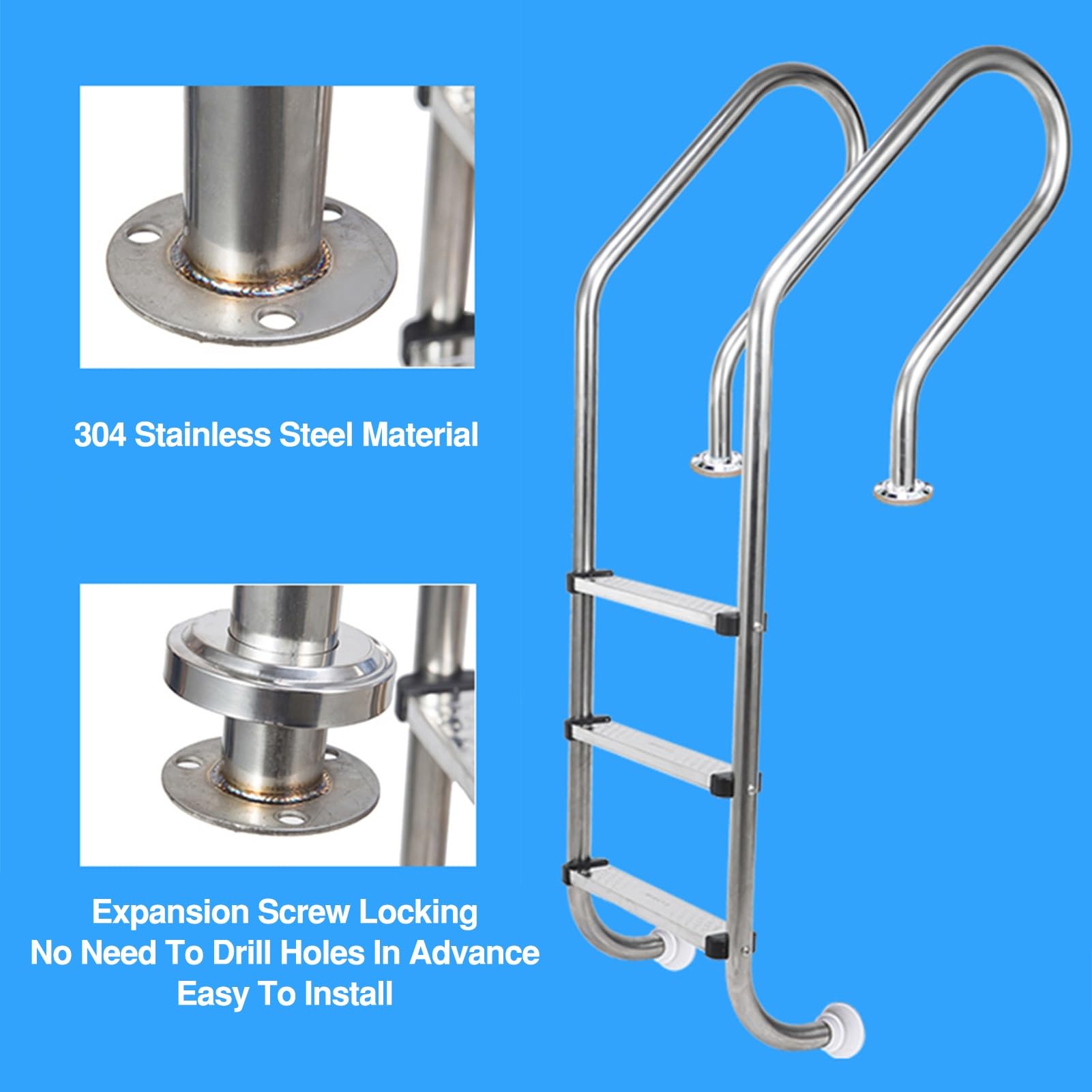 Scale mobili per Piscine, gradini in Acciaio Inox con Superficie Antiscivolo, Adatte a Piscine, stabilimenti balneari e parchi Acquatici (3 gradini)