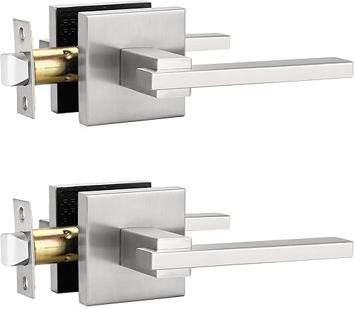 Orger Paquete de 2 manijas cuadradas de puerta de paso de níquel cepillado sin bloqueo, manija de puerta interior de paso para armario de pasillo,