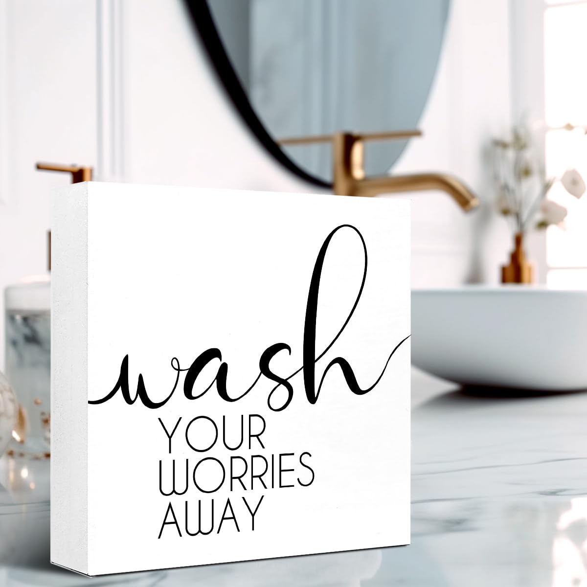 Lustige Badezimmer-Holzblock-Schilder, Wash Your Worries Away, Holzkistenschild für Badezimmer, Regal, WC, Toilette, Zuhause, Tischdekoration, rustikales Badezimmerschild, Dekor V562