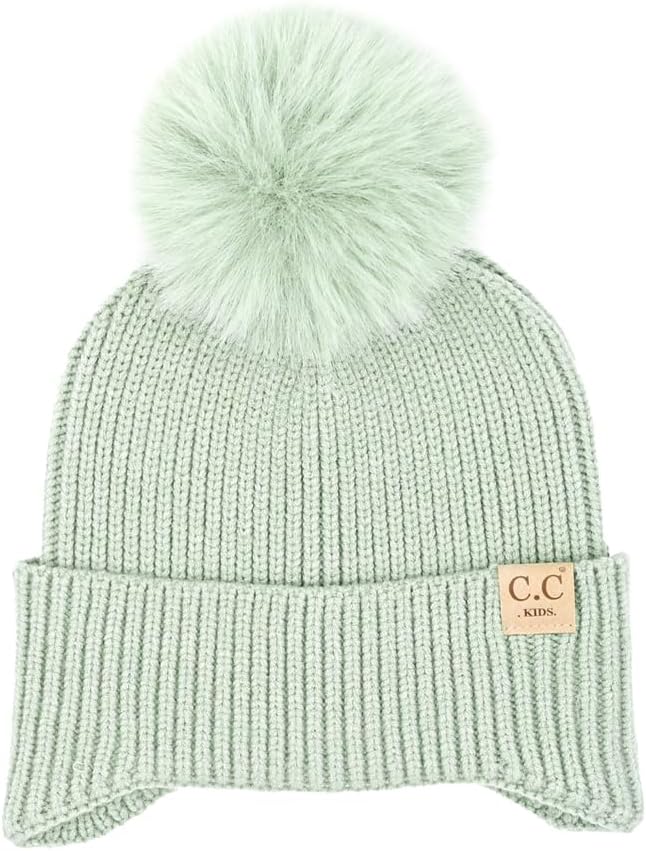 C.C Kids Ear Flap Fur Pom Beanie for Boys Girls - Comfortable Soft Warm Children Youth Knit Skully Hat with Faux Fur Pom
