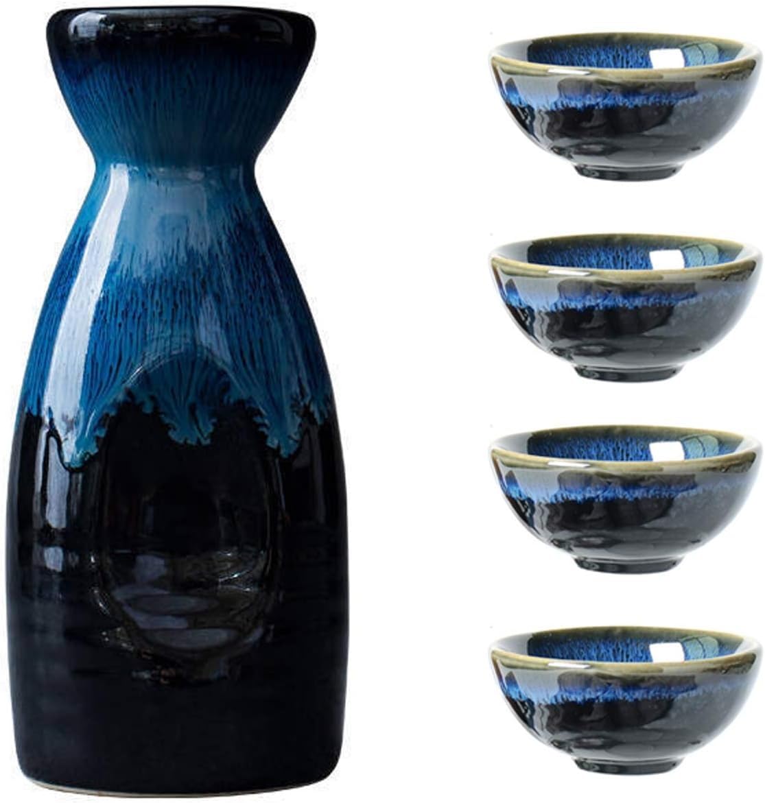 Sake-Set – 4 Keramik-Sake-Becher und 1 Topf, traditionelles Porzellan-Likör-Set, 5 Temperatur-Weingläser, ideal für Zuhause und Unterhaltung