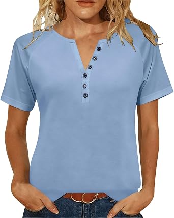 Plus Size Tops for Women Summer Short Sleeve V Neck Blouse Workout Tees Loose Work Outfits Button Shirts Casual