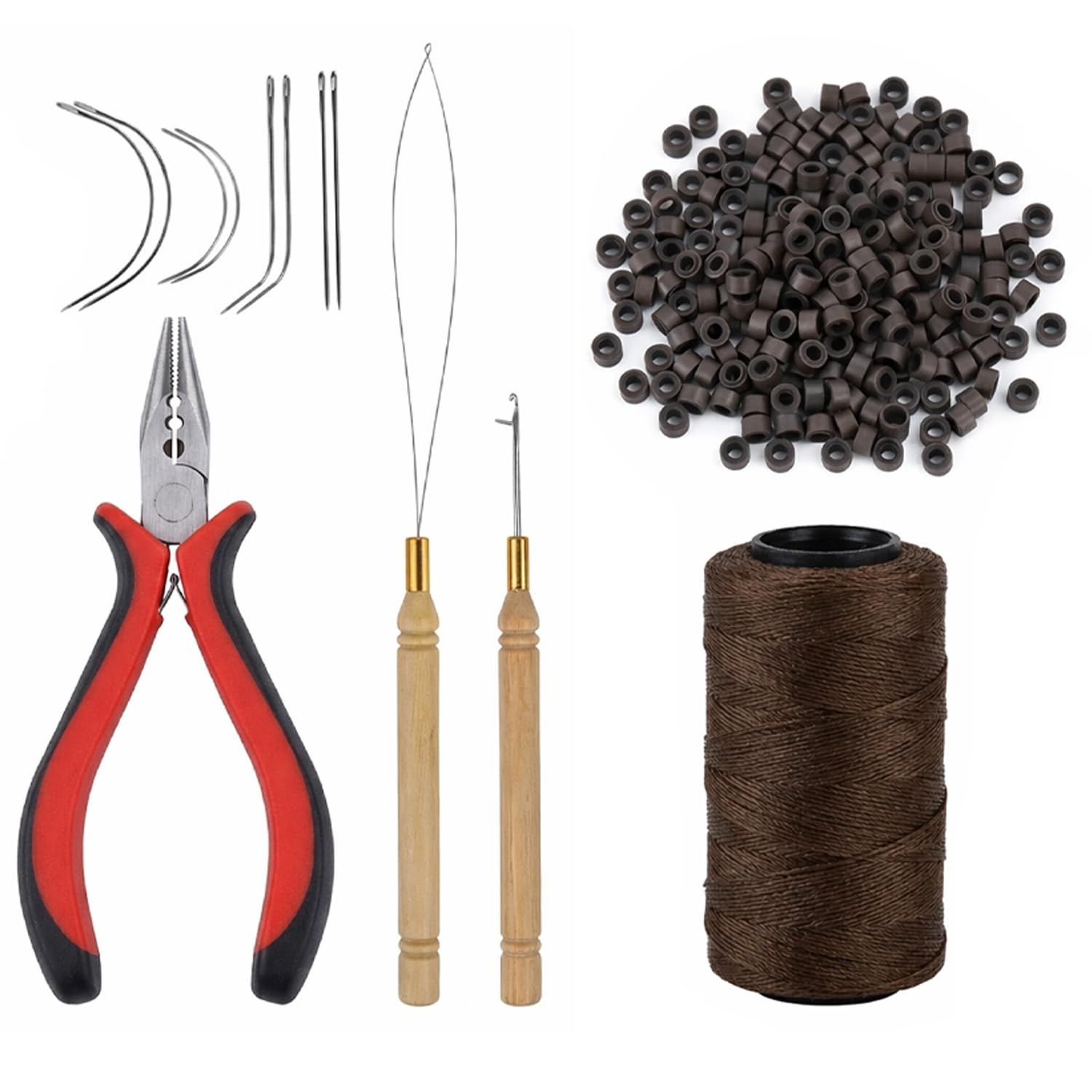 Hair Extensions Tools Kit, Hair Plaiting Tool, Hair Extension Pliers with 200 Pcs Silicone Lined Micro Rings Links Beads, Sewing Thread, Loop Needle Threader, Pulling Hook Needle, 8Pcs Sewing Needles
