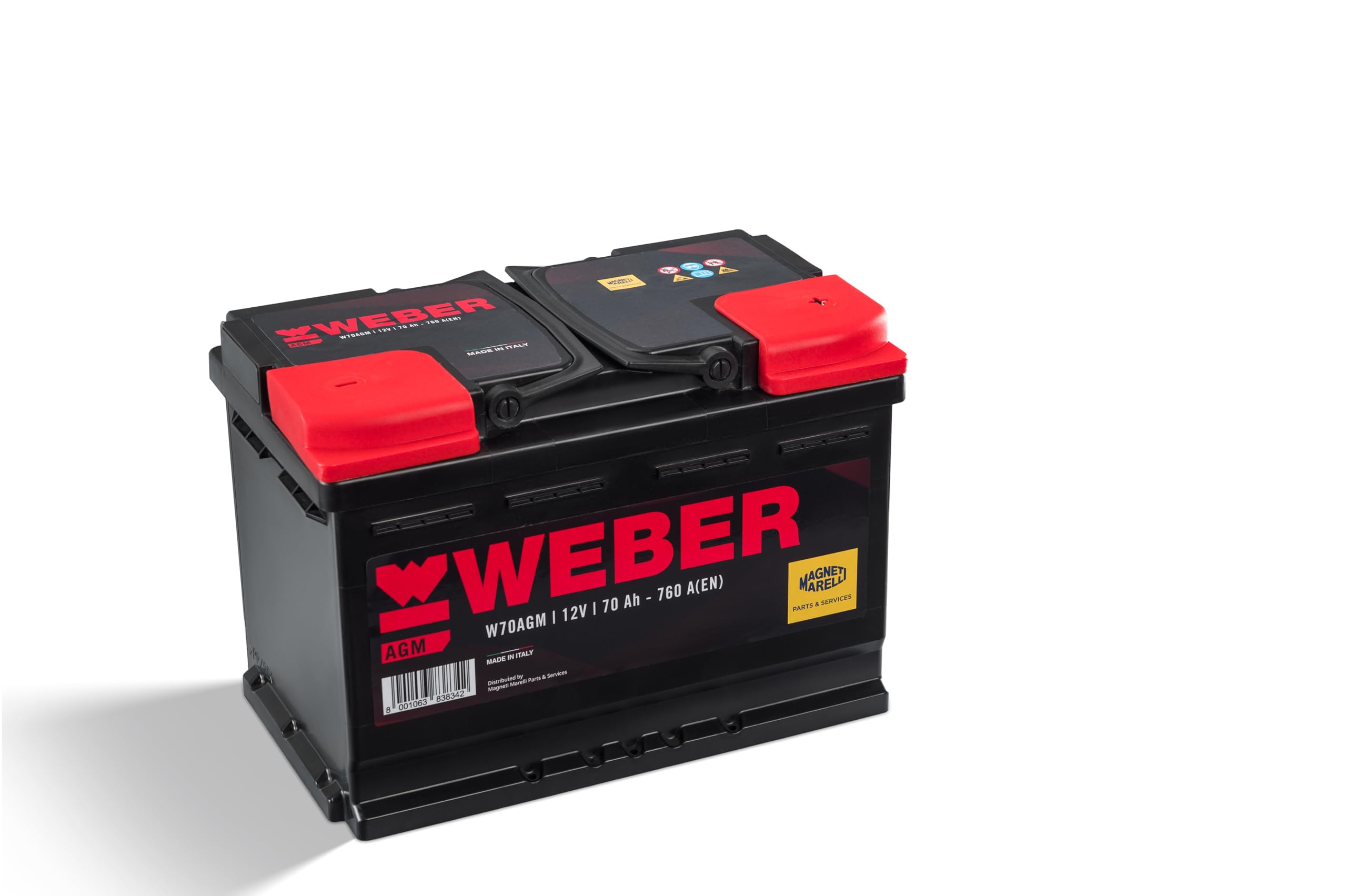 Magneti Marelli Parts & Services - Batteria Auto 70 Ah Weber Agm, Batteria Auto L03 067070760003 al Piombo Acido con Ciclo di Vita x4, Maniglie e Coperchio Ermetico - 12V 70Ah 760A B13, Ricambi Auto