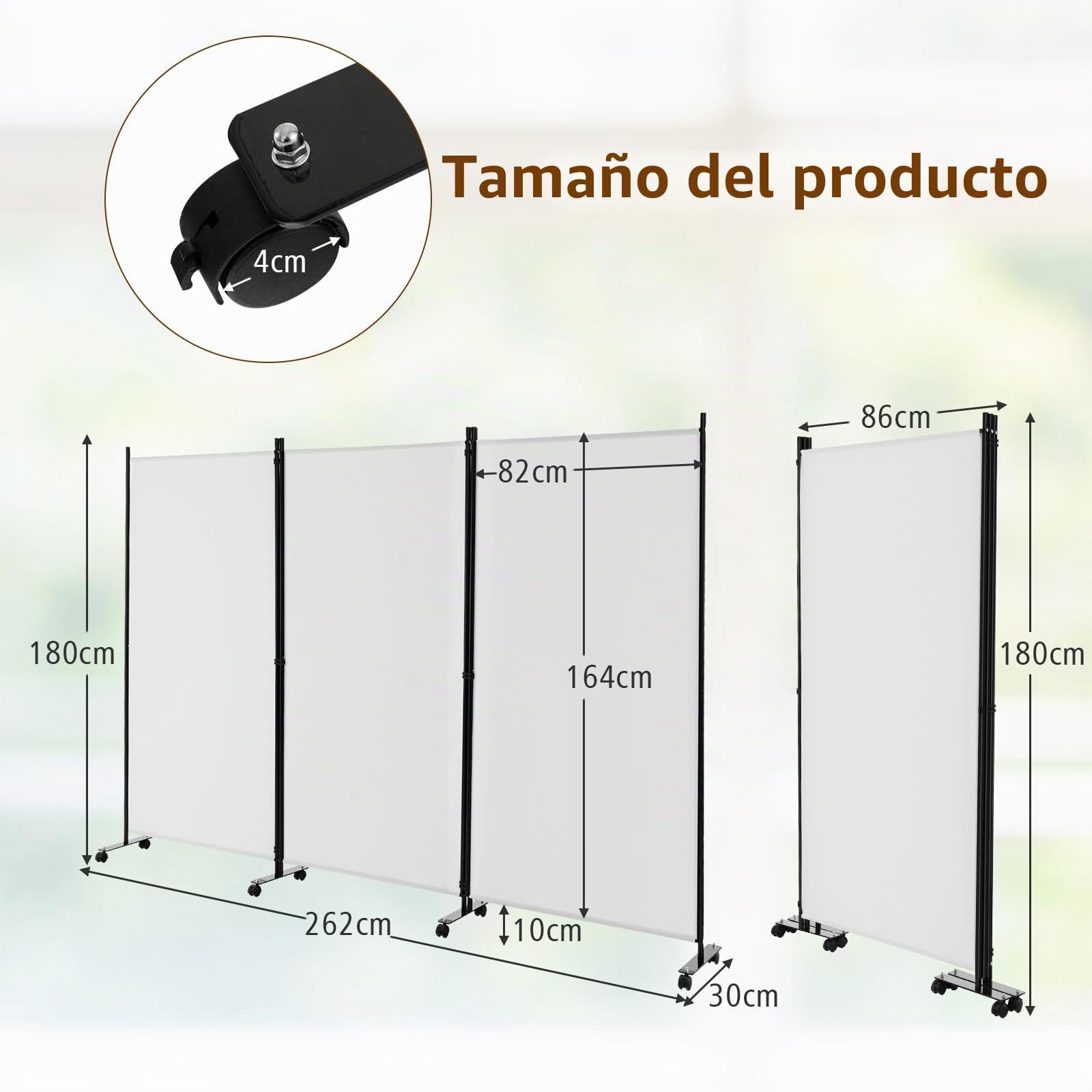 GIANTEX Biombo Plegable con Ruedas, Separador de Privacidad 3 Paneles, 262 x 180 cm, Divisor de Habitación Independiente con Patas Anchas, Pantalla de Tela para Protección Privada (Blanco)