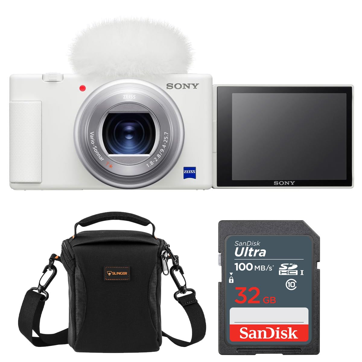 Sony ZV-1 Compact 4K HD Camera, White, Bundle with 32GB Memory Card and Shoulder Bag