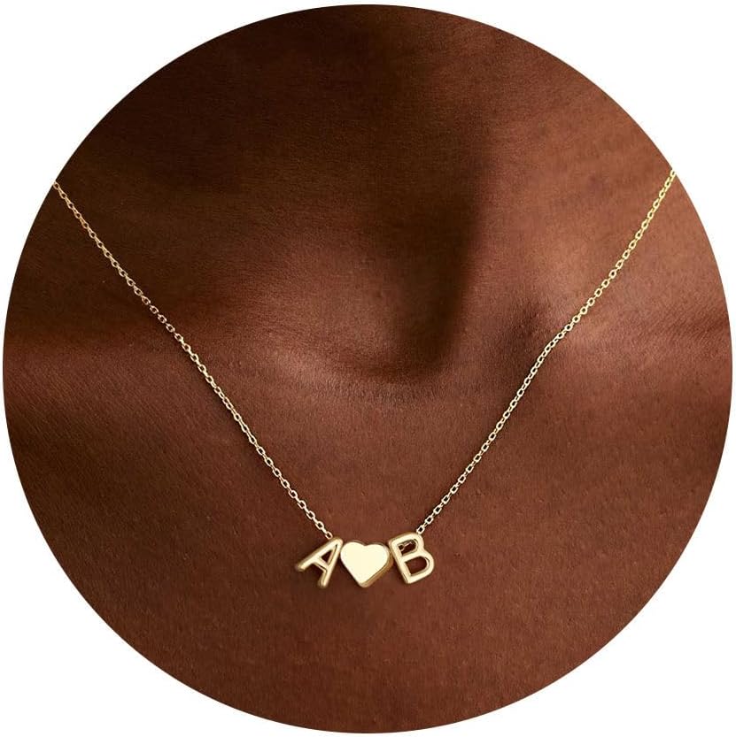 Turandoss Heart Initial Necklace for Women Teen Girls, 14K Gold Plated Dainty Letter A-Z Initial Necklace with Heart, Personalized Jewelry Birthday Gifts for Women