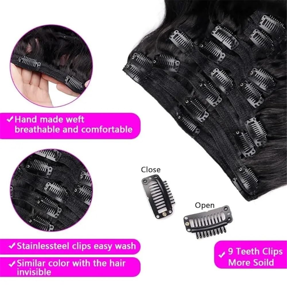 Body Wave brazylijskie przedłużenie włosów z klipsem, ludzkie ciało, 8 szt., dla czarnych kobiet, z 16 klipsami, 120 g, naturalne czarne włosy z klipsem, 16 cali