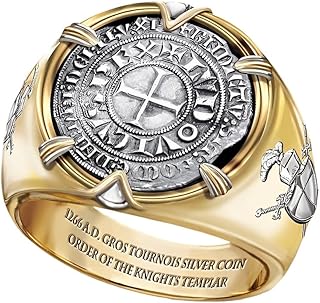 Gold Plated Crusaders Ring for Men, Two Tone Knights Templar Silver Coin Ring Men’s Crusader Sword Cross Shield Ring Vintage Jewelry Perfect Father's Day Accessories