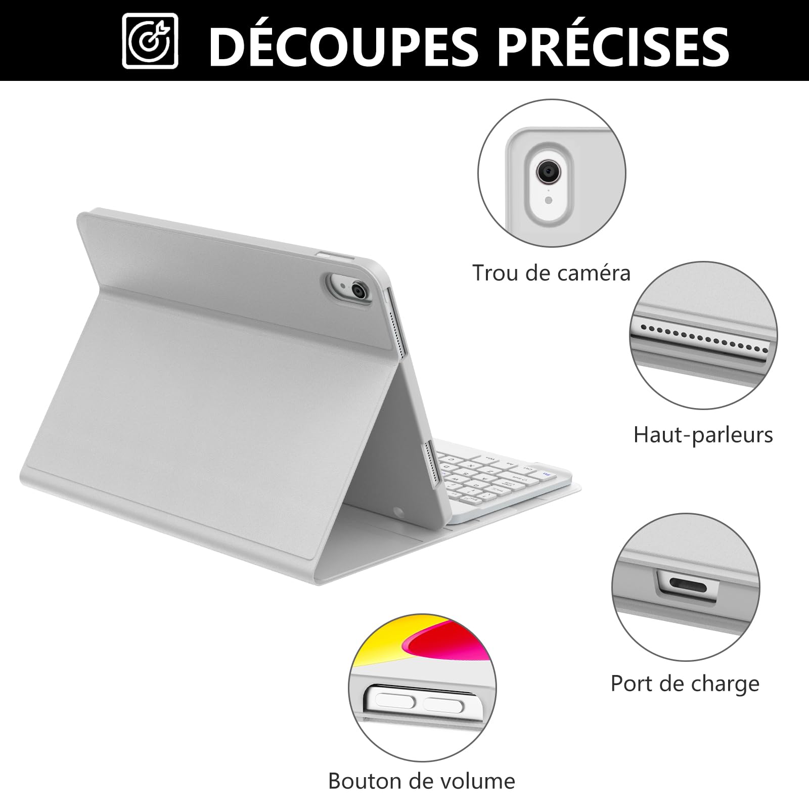 Clavier pour iPad A16 11eme Generation 2025/10eme Generation 10.9" 2022, Coque iPad A16 AZERTY Français Clavier Bluetooth Détachable avec Porte Crayon pour iPad A16 11/10 Génération, Gris Clair