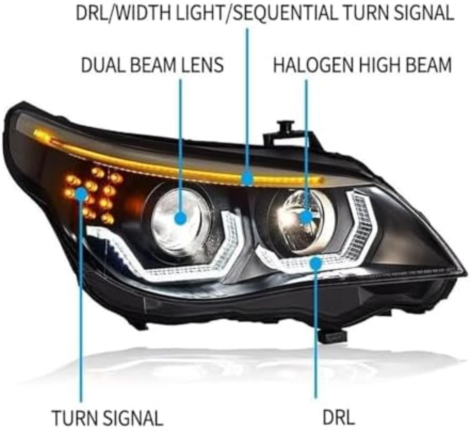Dla BMW serii 5 E60 2003-2010 montaż reflektorów Drl podwójna wiązka obiektywu kierunkowskaz przednie lampy reflektor światło Lampka kontrolna lusterka bocznego Lampka kontrolna
