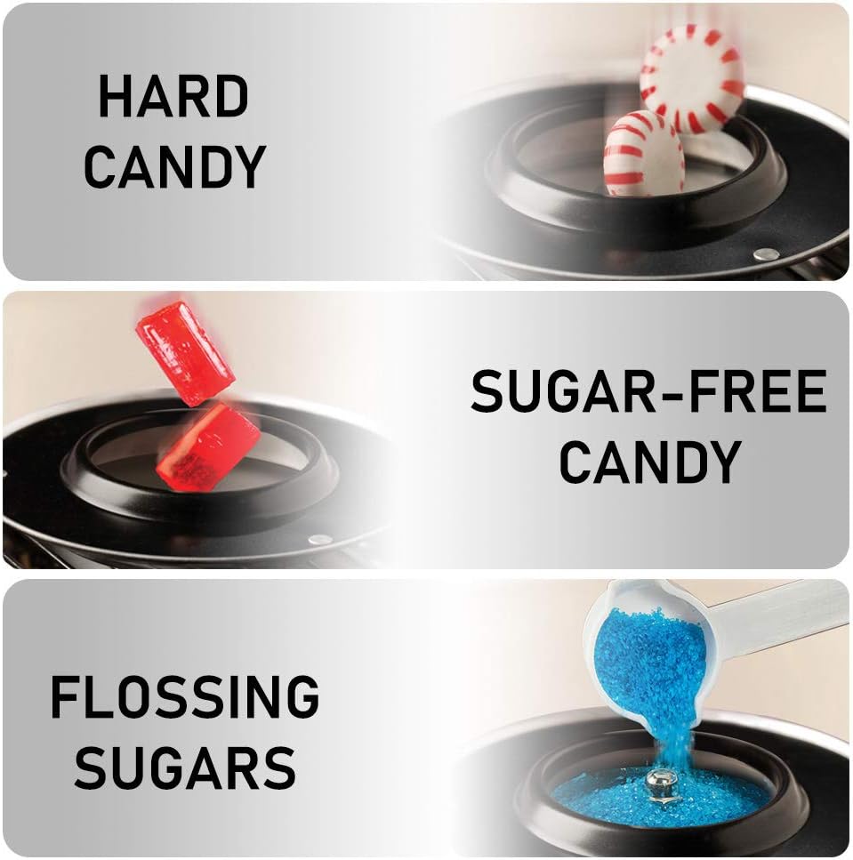 Nostalgia Cotton Candy Machine showing options for hard candy, sugar-free candy, and flossing sugars