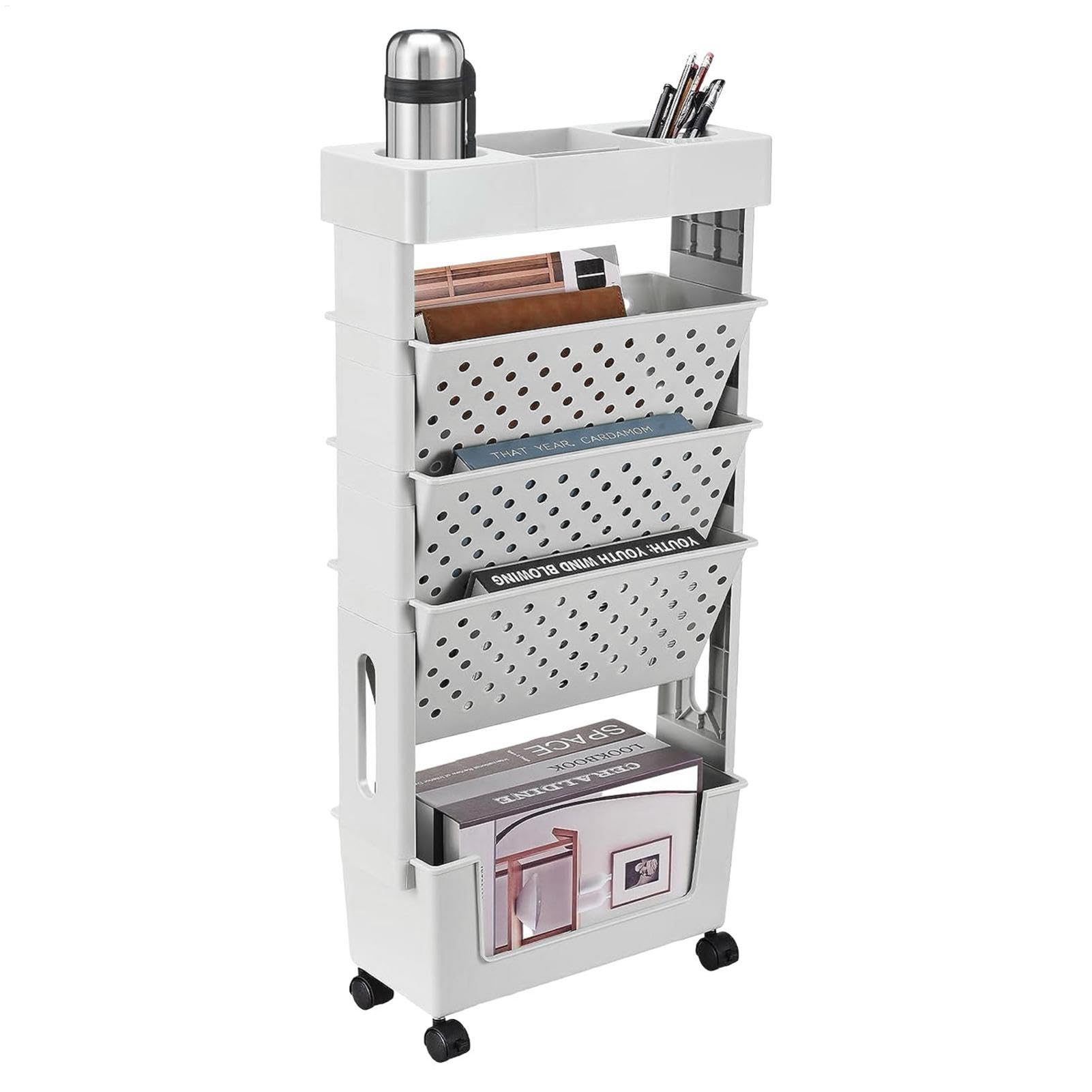 Étagère mobile – Chariot de rangement de livres, étagère réglable | Étagère rotative à 5 niveaux de grande capacité pour économiser de l'espace, organiseur de livres avec roues pour salles d'étude