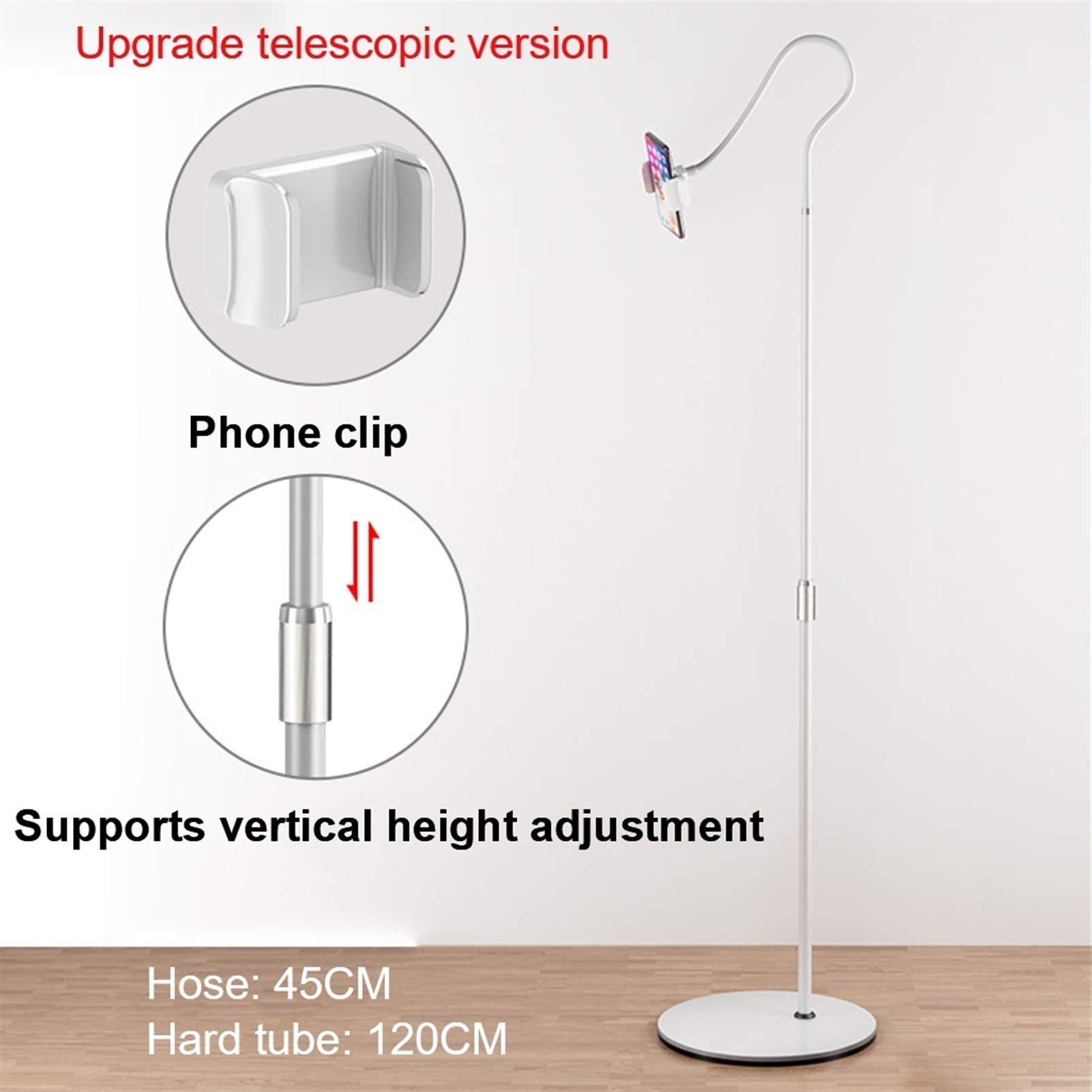 Supporto telescopico regolabile da pavimento con supporto girevole a 360 gradi per tablet e smartphone