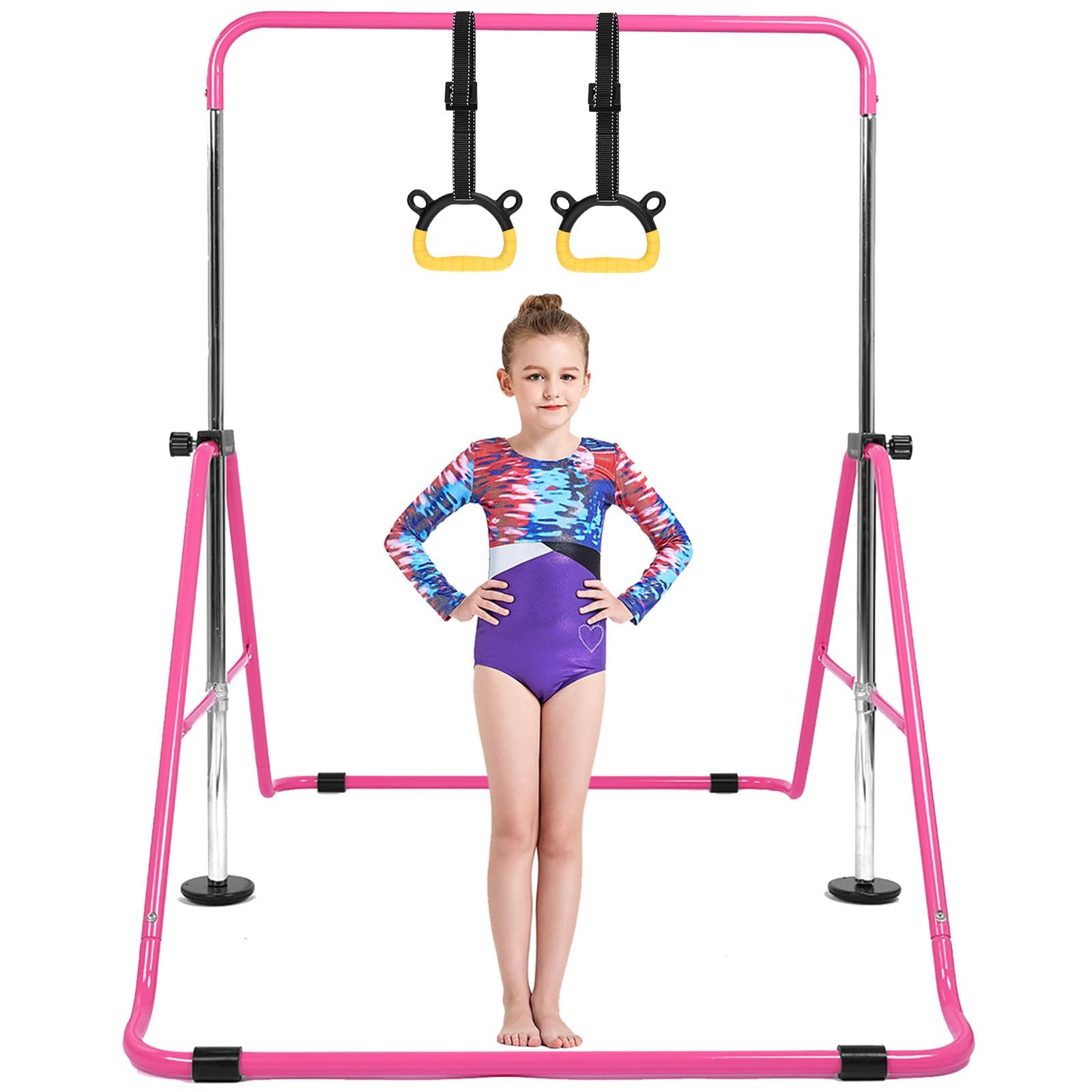 Horizontal Bar Gymnastics Kids Garden Home Reck Stretching Folding Value Gift Set, Fitness Expandable Gym Training Bar Equipment Adjustable Height for Boys Girls Color Pink Blue Outdoor Indooor (Pink) — image 1
