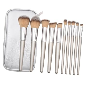 FUOYLOO 10pcs Makeup Brush Set Cosmetic Kit with Light Gold Cone Shape Wooden Handles Professional Face Eyeshadow Blush Brushes for Daily Beauty Tools