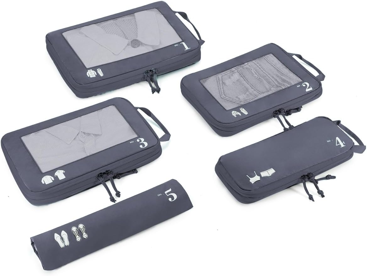 ECOHUB 5 Set Compression Packing Cubes for Suitcases Organiser Bags Travel Accessories with Shoes Bag Tear-resistant Travel Cubes with ID Tag Expandable Packing Bags (Grey)