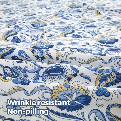 Bedmoon Queen Paisley Floral Sheets, Blue White Flower Sheets With Corner Straps, Cozy Vintage Bed Sheet Set With Non-Slip Fitted Sheet thumb #4