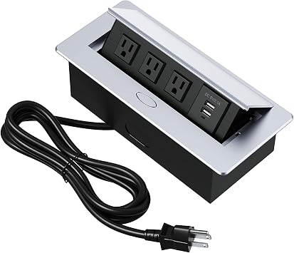 Connection Box Desktop Pop Up Outlet with 2 USB Ports & 3 Outlets Silver