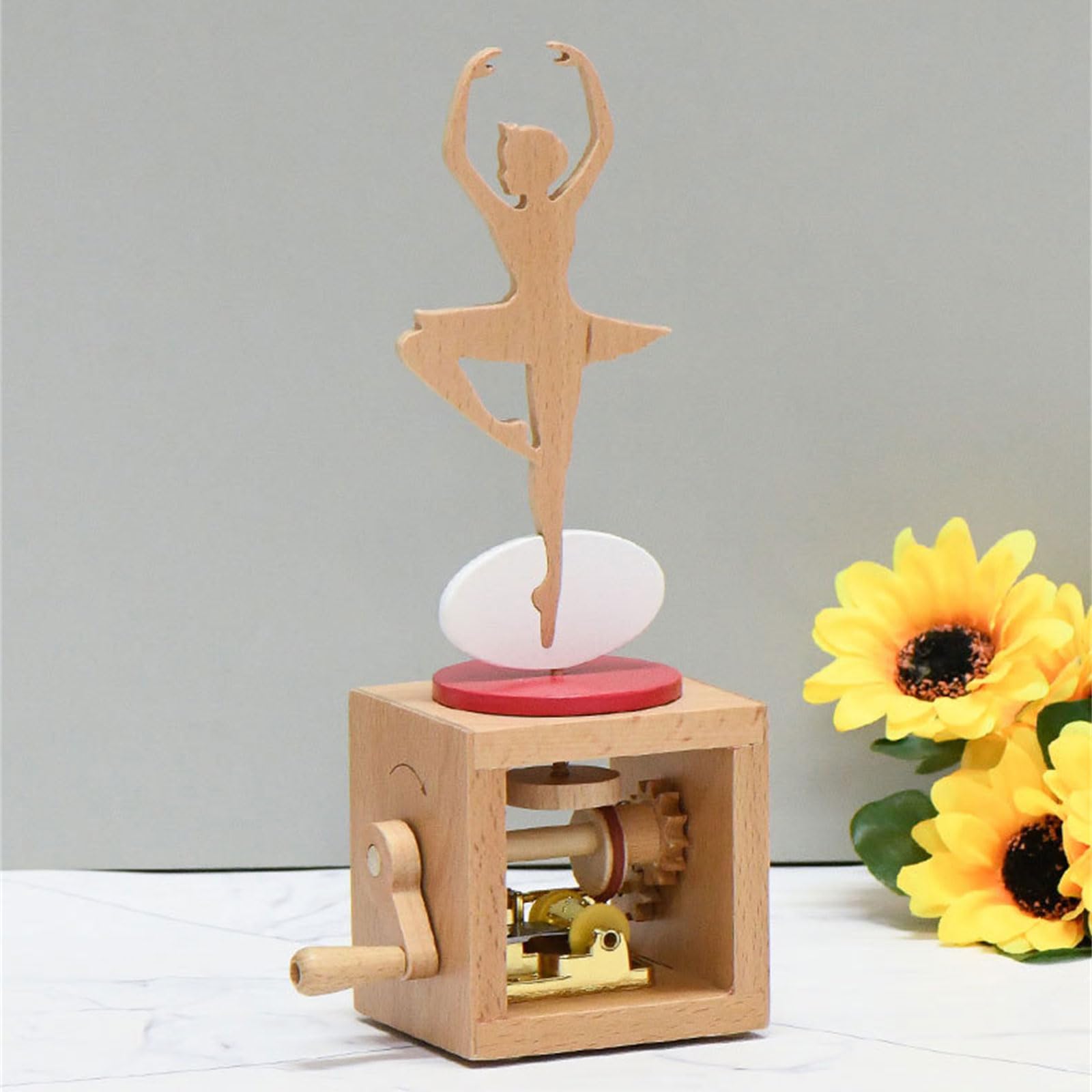Caja de música de madera de manivela con figura de animal de dibujos animados de bailarina clásica, adorno musical para decoración del hogar, caja de música coleccionable