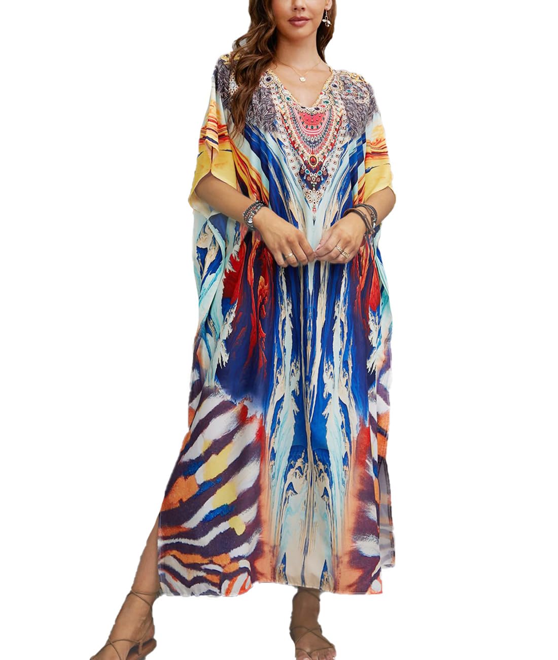 Snyemio Kaftan Vestido Largo de Playa Mujer Maxi Pareo Floral Verano Túnica Boho Talla Grande Kimono