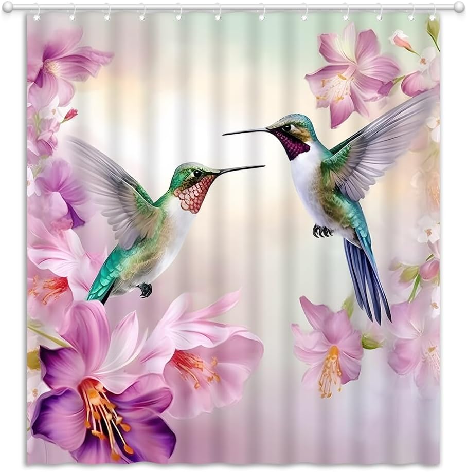 Hummingbird Floral Shower Curtain Watercolor Flower Animal Wildlife Spring Rustic Garden Fabric Bathroom Decor Curtains Set with Hooks, 70" Wx78 H