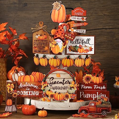 Dandat 16 Pcs Thanksgiving Tiered Tray Decor Fall Tiered Tray Decoration Pumpkin Gnome Truck Wooden Signs Fall Table Centerpieces Farmhouse Decor for Home Autumn Harvest Table Shelf